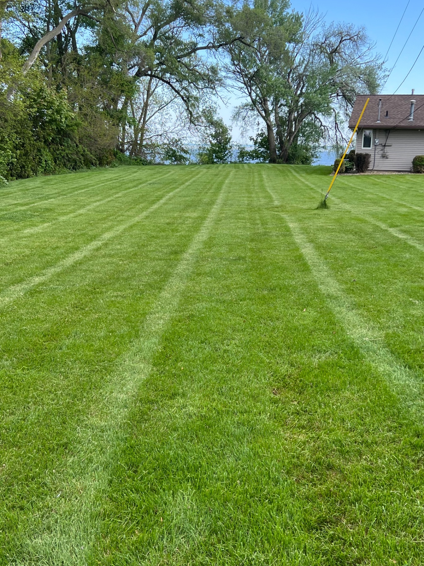 Freshly mowed lakefront lawn with crisp mower stripes